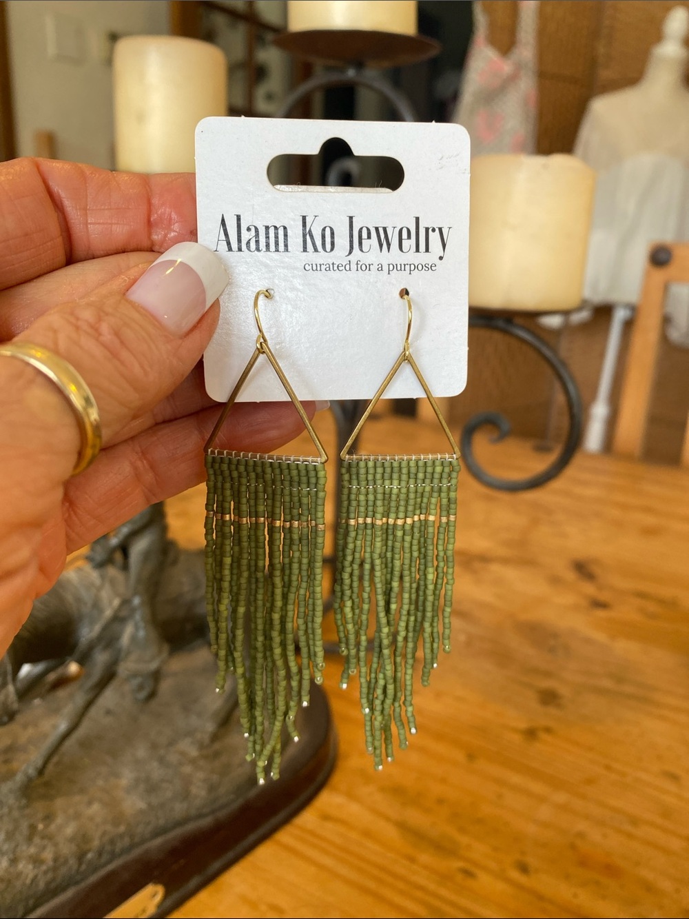 Olive Green Beaded Fringe Earrings